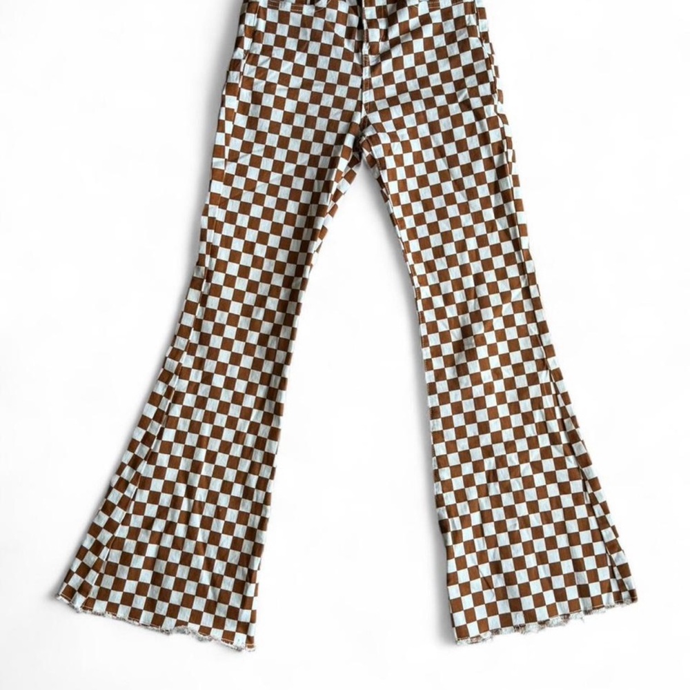 Brown and White Checkered Flare Pants